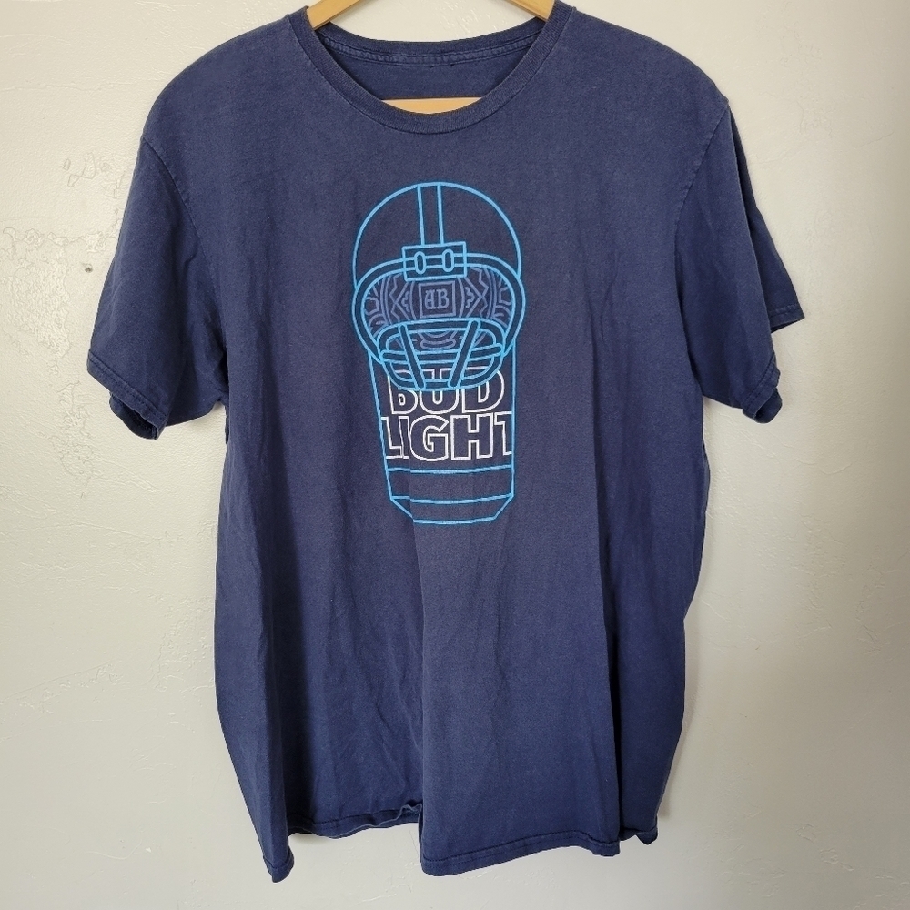 Navy Blue Short Sleeve T-shirt Bud Light Football Helmet Tee Beer Can Large XL